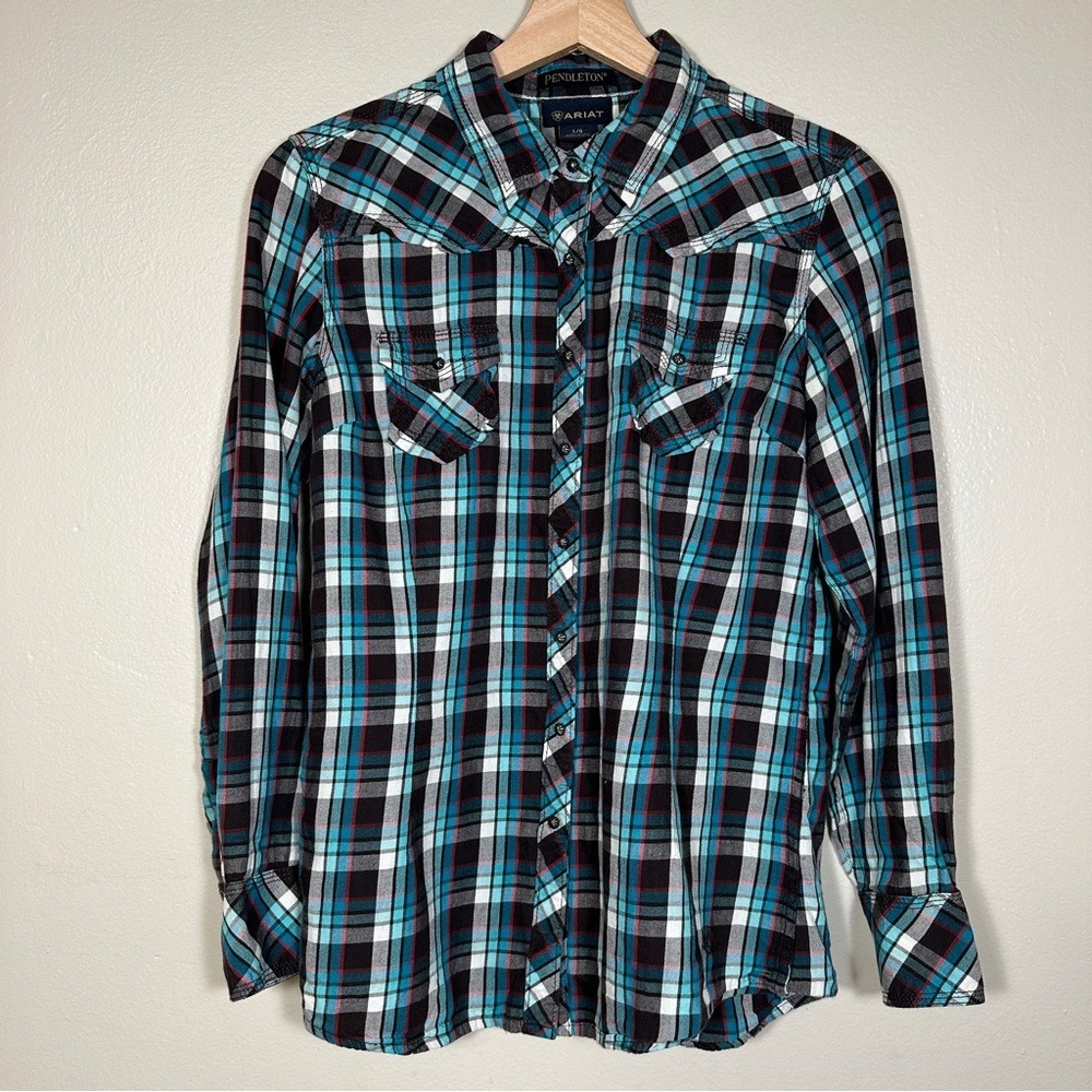 Ariat Women's L Western Snap Shirt Turquoise Plaid Studded Back Pendleton Collab